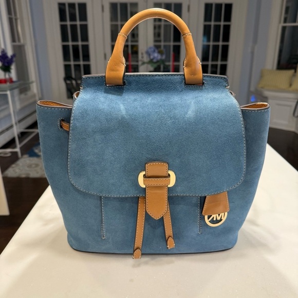 Michael Kors Women’s “Romy” Denim Blue Suede & Tan Leather Backpack NWT - Picture 7 of 16